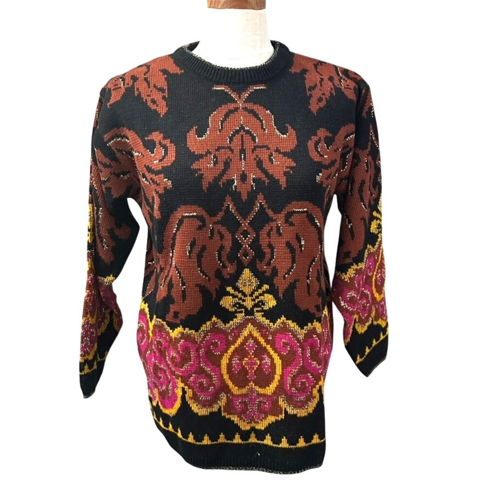 Vintage 80s Baroque Jacquard Leslie Fay Metallic Sweater SIZE M Art to Wear Fall